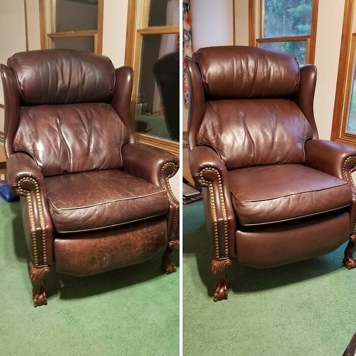Before and after restoration of a brown leather armchair, showcasing restoration to original glory in landlord special series.