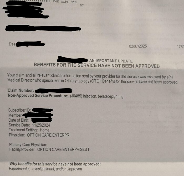 Medical claims denial letter showing non-approved service procedure, highlighting harsh realities of American healthcare system challenges.
