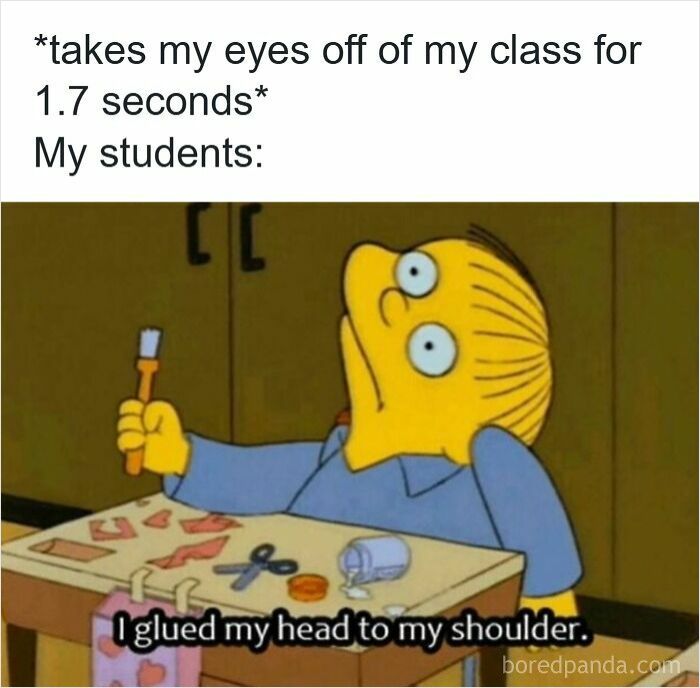 Funny meme showing a student glued head to shoulder while teacher looks away, related to memes for teachers who deserve a raise.