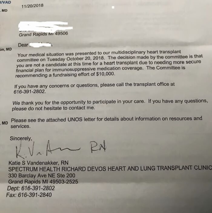 Letter from American healthcare provider denying heart transplant candidacy due to financial constraints for medication coverage.