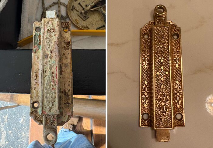 Before and after restoration of an ornate metal latch, showing the transformation to its original glory and detailed patterns.