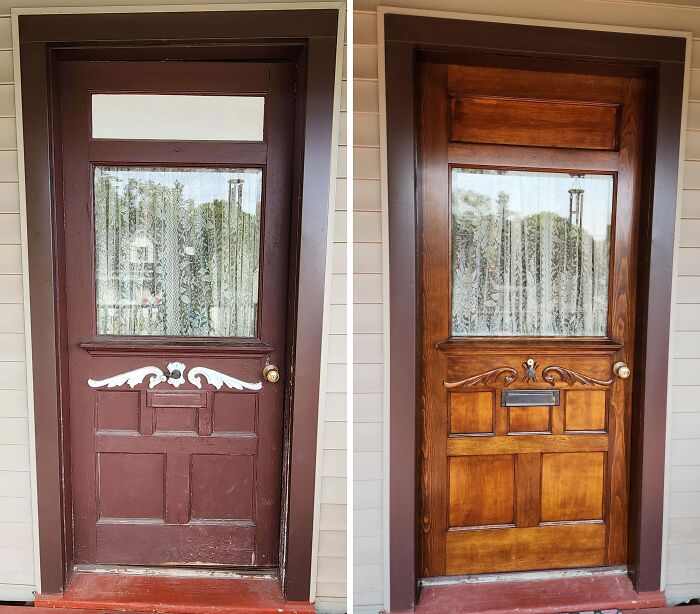 Before and after restoration of a wooden door showing detailed woodwork and improved finish in a landlord special restoration.