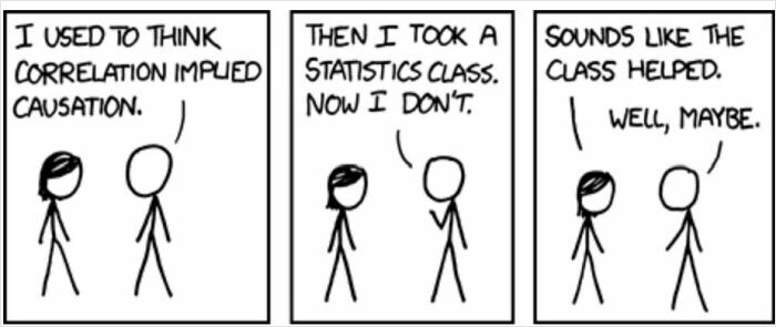 Two stick figures humorously discuss how a statistics class changed their understanding of correlation in human mind psychology memes.
