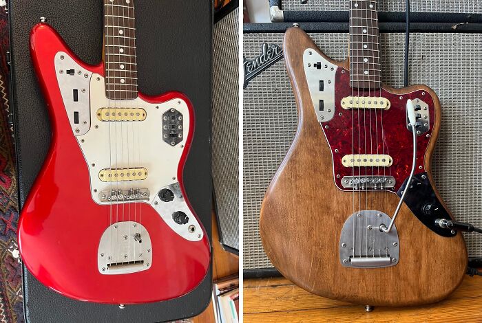 Before and after restoration of electric guitars showcasing their original beauty and craftsmanship.