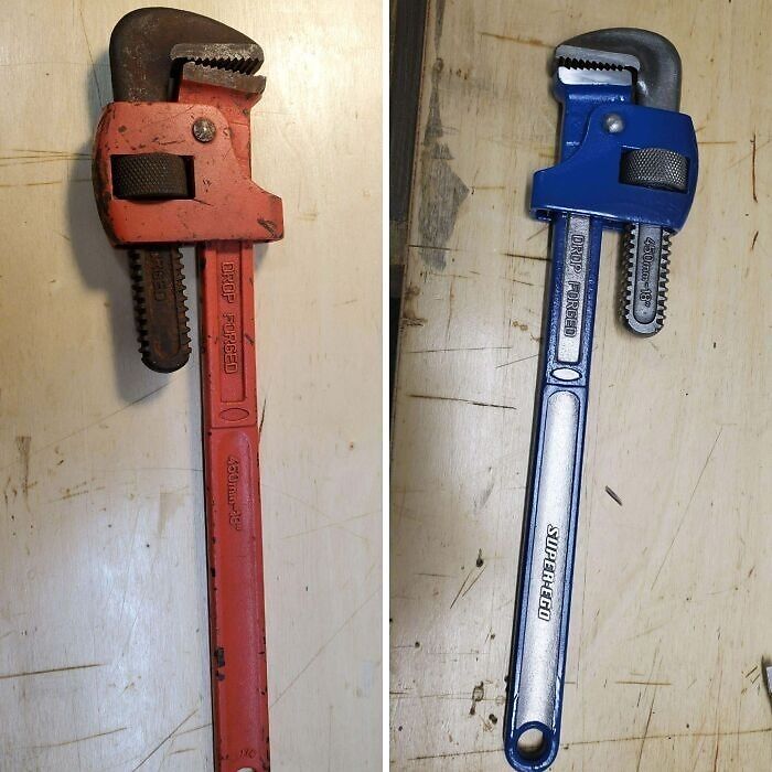 Old rusty pipe wrench restored to original condition with new blue paint in landlord special restoration before and after image