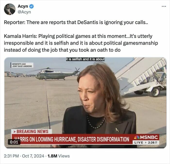 Kamala Harris speaking at Joint Base Andrews about disaster disinformation, showing a facepalm moment of missing common sense.