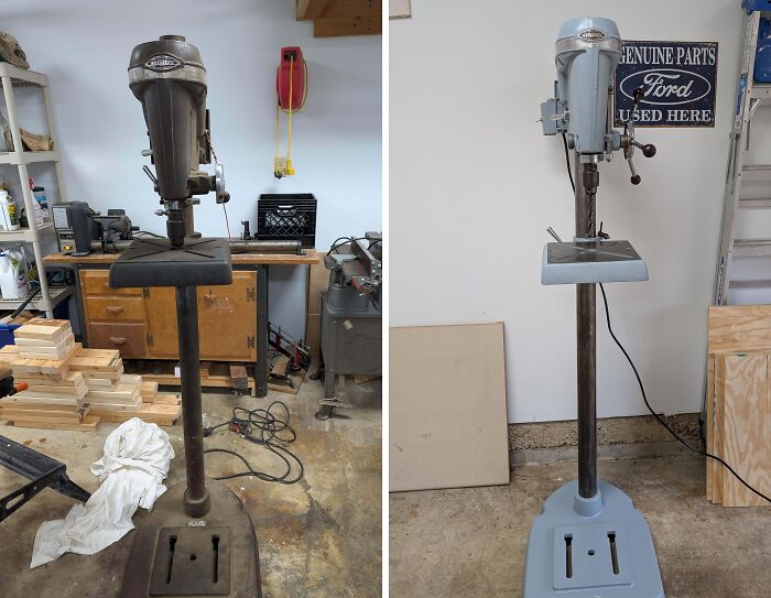 Before-and-after images of a restored vintage drill press showing its transformation to original glory.