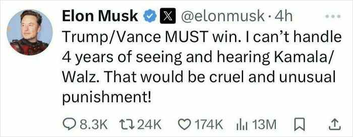 Tweet screenshot showing Elon Musk expressing a controversial political opinion, illustrating facepalm moments and lack of basic logic.
