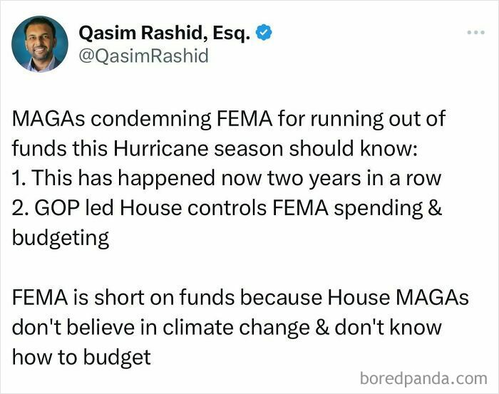 Tweet discussing logic and common sense in budget control and climate change related to FEMA funding issues.