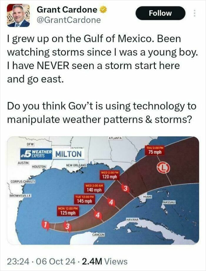 Social media post questioning weather manipulation with Gulf of Mexico storm path map showing high wind speeds and hurricane categories.
