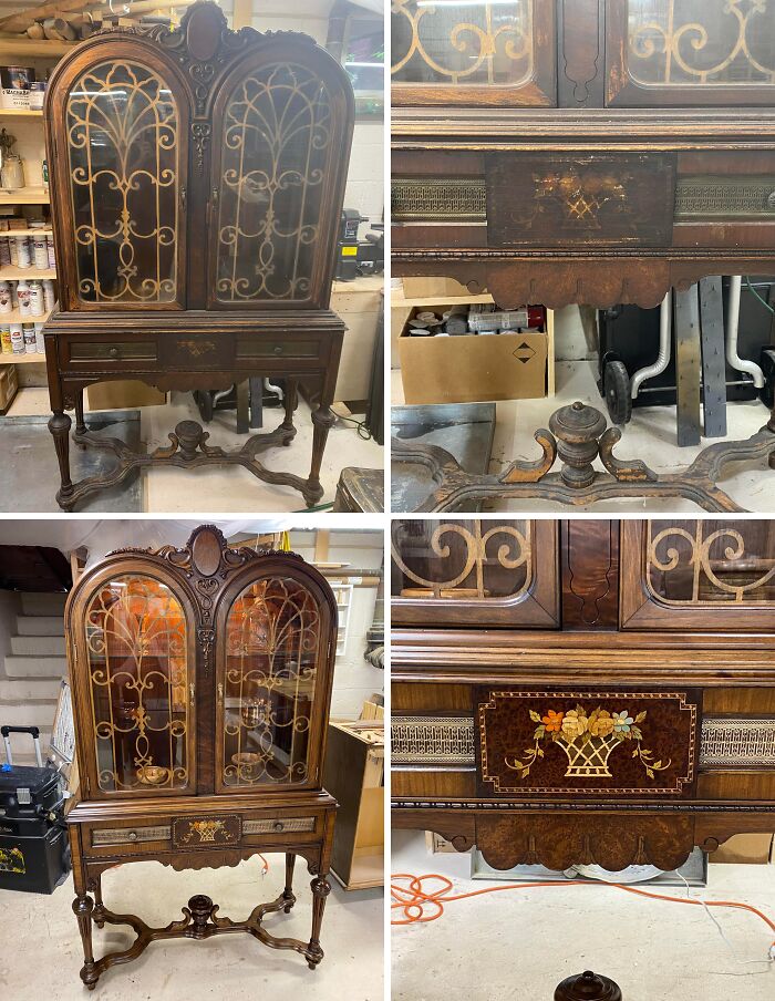 Antique wooden cabinet before and after restoration showing detailed woodwork and decorative inlay in a workshop setting.