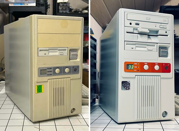 Before and after restoration of a vintage computer tower, showcasing a clean and renewed original appearance.