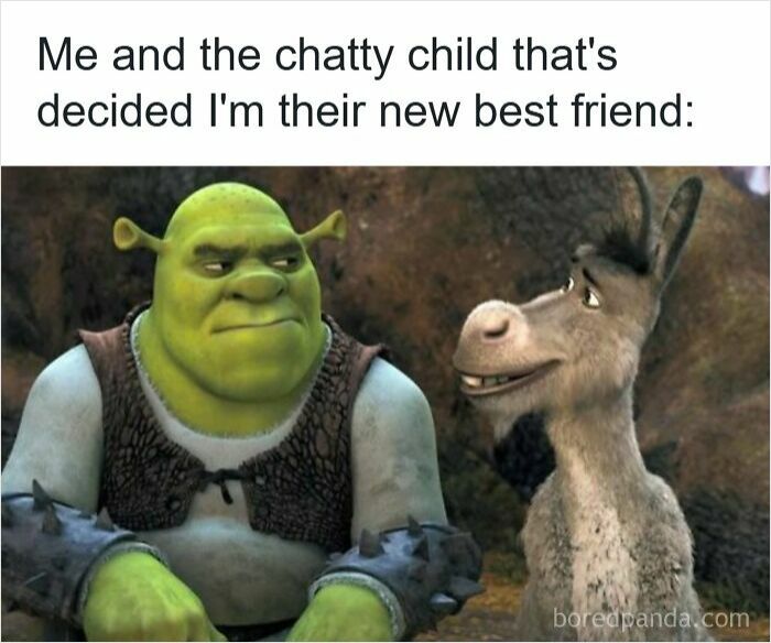 Shrek and Donkey from the movie with caption about a chatty child, funny memes for teachers who deserve a raise and a nap.