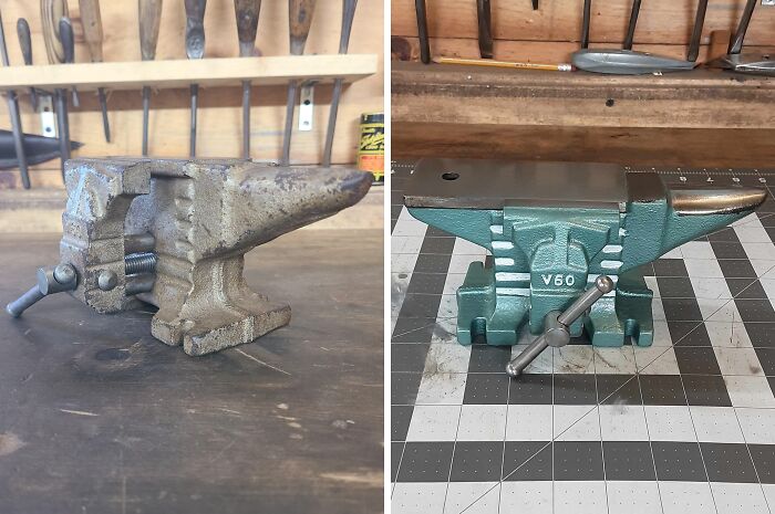 Before and after photos of a restored heavy metal workbench vise showing original glory in a landlord special restoration.