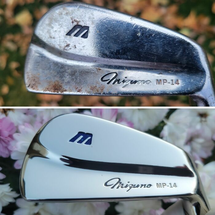 Before-and-after restoration of a rusty Mizuno MP-14 golf club head restored to original glory and shine.