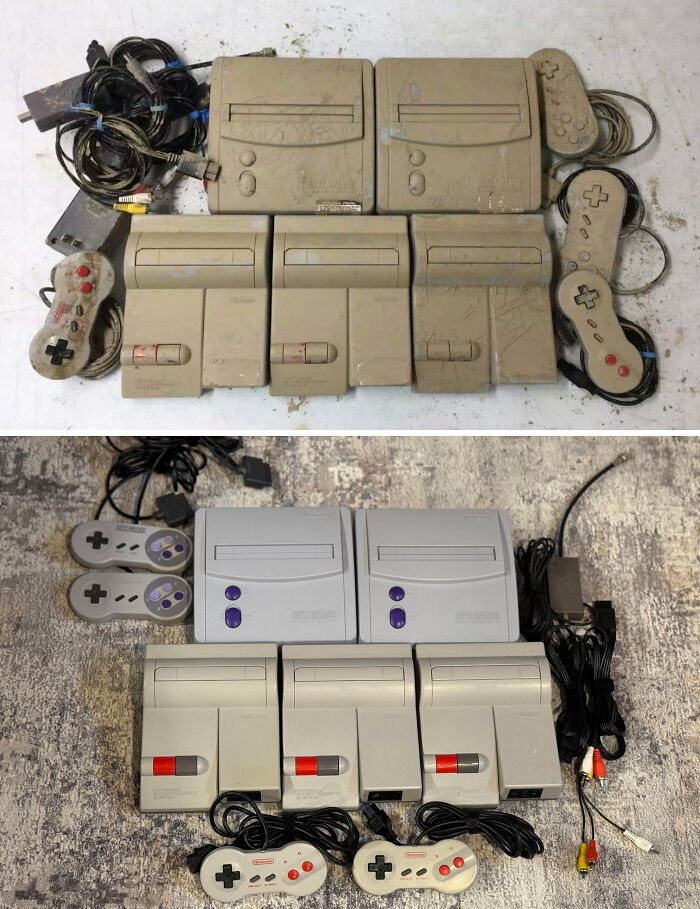 Before-and-after restoration of vintage video game consoles and controllers showing original glory after cleaning and repairs.