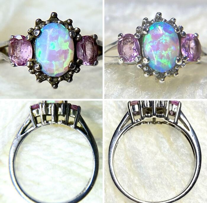 Opal and pink gemstone ring showing detailed before and after restoration to original glory in close-up views.