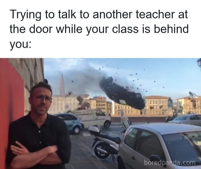 Teacher meme showing a calm teacher talking while chaos happens behind, illustrating funny memes for teachers who deserve a raise.