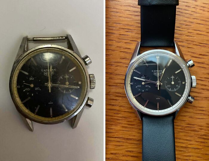 Before-and-after restoration of a vintage wristwatch restored to its original glory with a new leather strap and polished case.