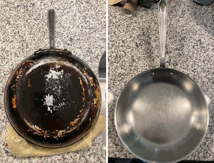 Before-and-after image of a landlord special showing a rusted frying pan restored to its original condition.