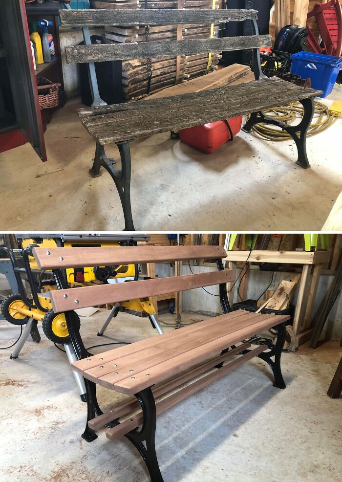 Before-and-after landlord special bench restoration showing weathered wood replaced with smooth, polished wood and cleaned metal frame.