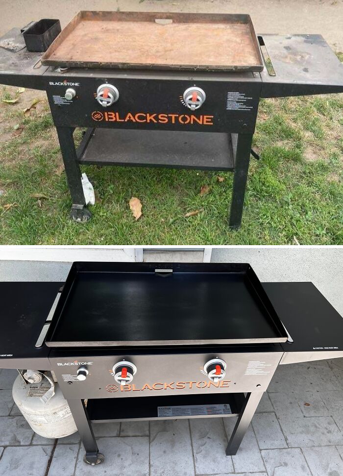 Before-and-after restoration of a Blackstone grill, showing cleaning and refurbishing to original condition.