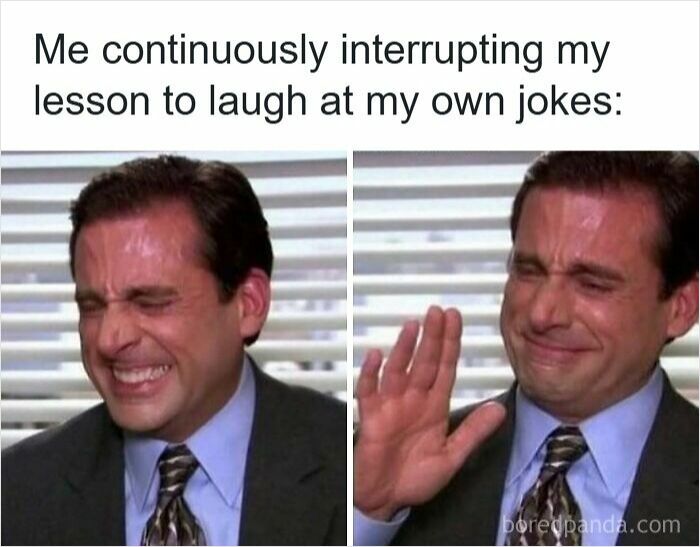 Funny teacher meme showing a man laughing and wiping tears, capturing humor teachers deserve with a raise and a nap.