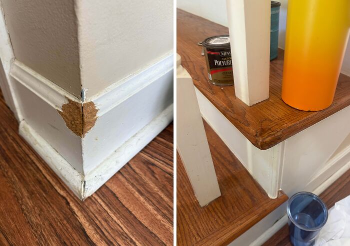 Before and after restoration of a damaged wooden baseboard, showcasing careful repair and refinishing to original condition.