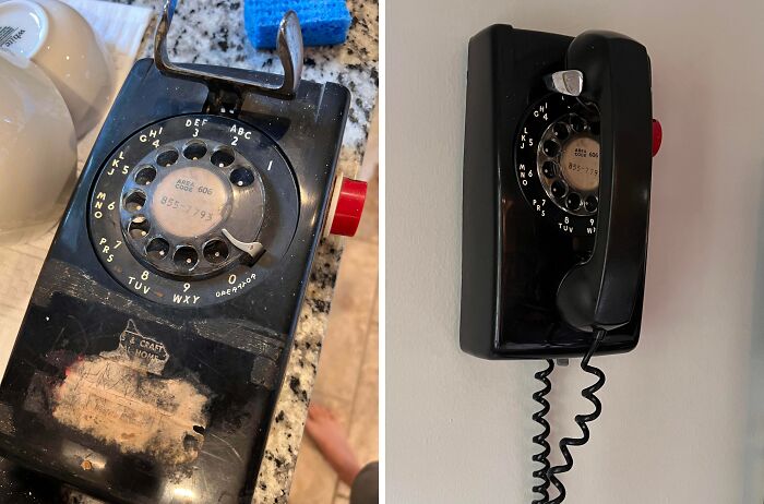Before-and-after photos of a vintage rotary phone restored to its original condition in a landlord special restoration project.