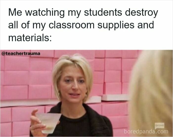 Woman looking resigned while holding a drink, illustrating funny memes for teachers who deserve a raise and a nap.