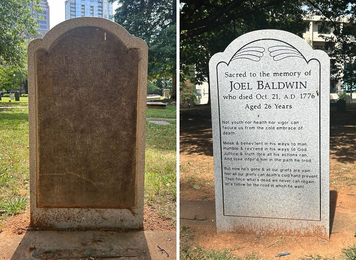 Before-and-after photos of a restored gravestone showing clear text and design in a historic cemetery setting.
