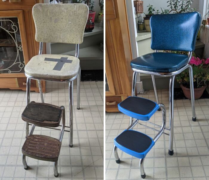 Before and after restoration of a vintage kitchen chair with built-in step stool, showing original glory renewed.