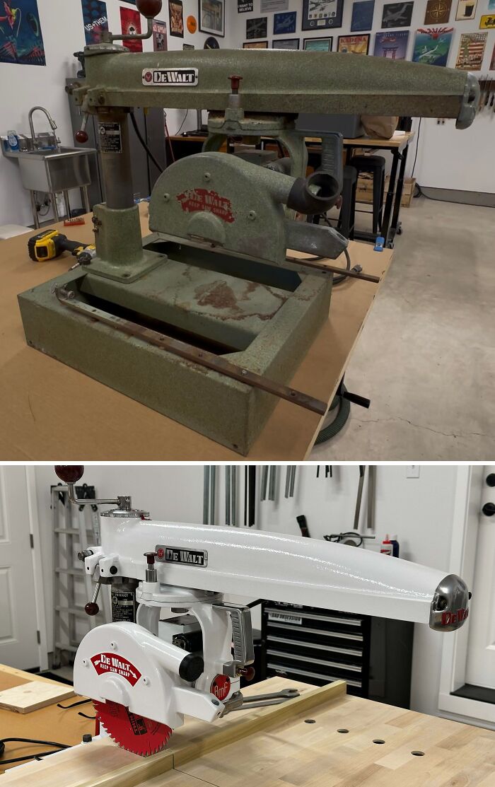 Before and after restoration of a vintage DeWalt radial arm saw, showcasing landlord special tool refurbishment.