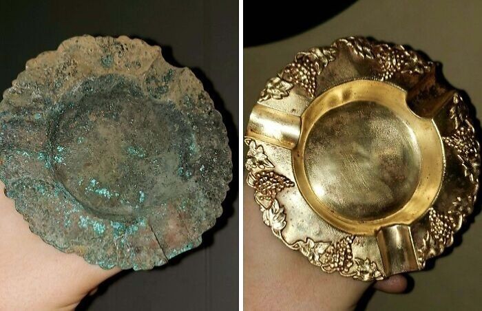 Side-by-side before and after images of a restored vintage metal ashtray showing original glory and shine.
