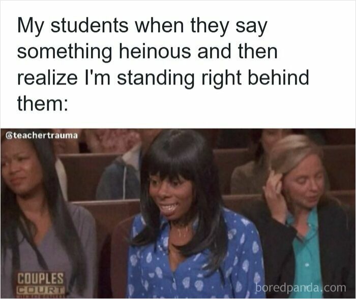 Students looking shocked after saying something inappropriate, a funny meme for teachers who deserve a raise and a nap