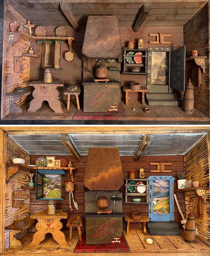 Before-and-after restoration of a miniature rustic kitchen scene showing improved wood and painted details.