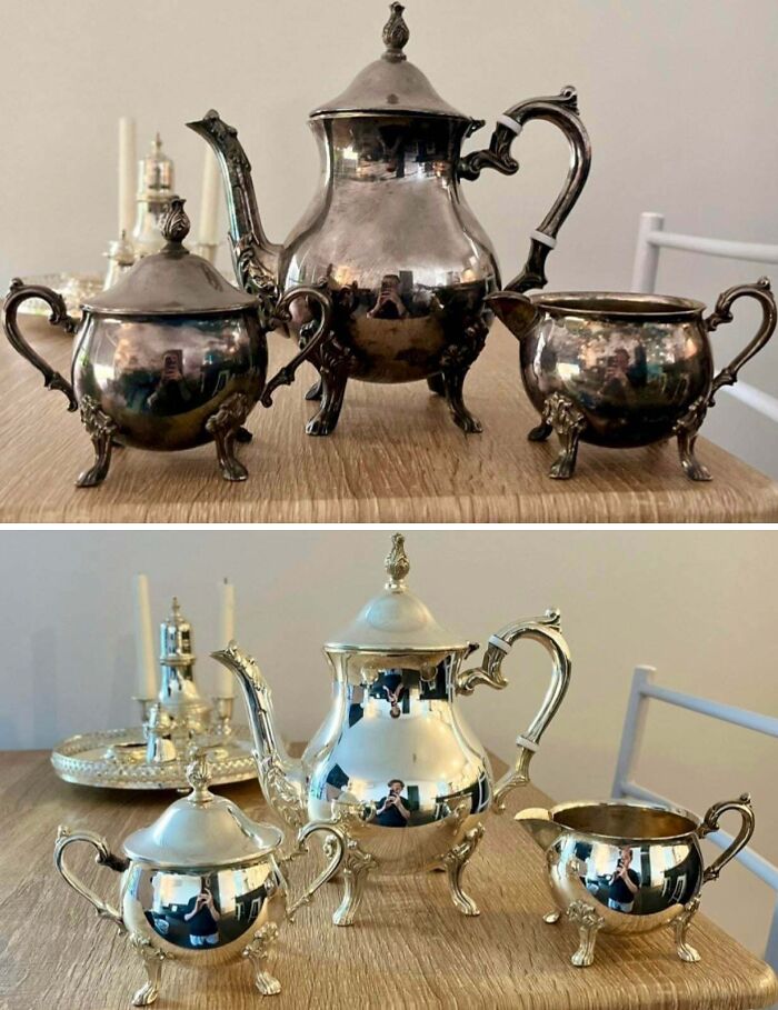 Before-and-after pics of a silver tea set restored to its original glory, showcasing a polished and shiny finish.