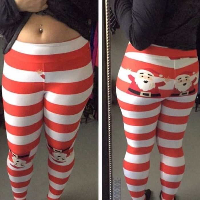 Person wearing red and white striped leggings with humorous Santa Claus prints, showcasing accidental comedy in a casual setting.
