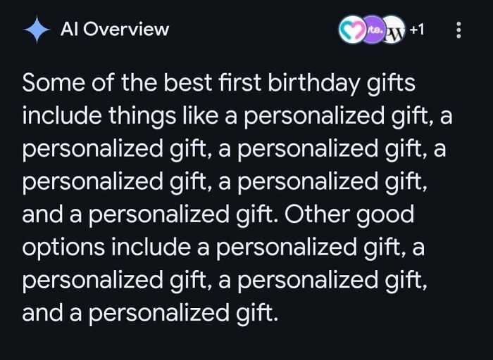 AI overview text on personalized first birthday gifts shown on a dark screen with nearby filter options.
