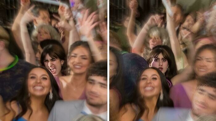 Blurred crowd at a party with one person making a funny face, creating an accidental comedy moment in the photo.