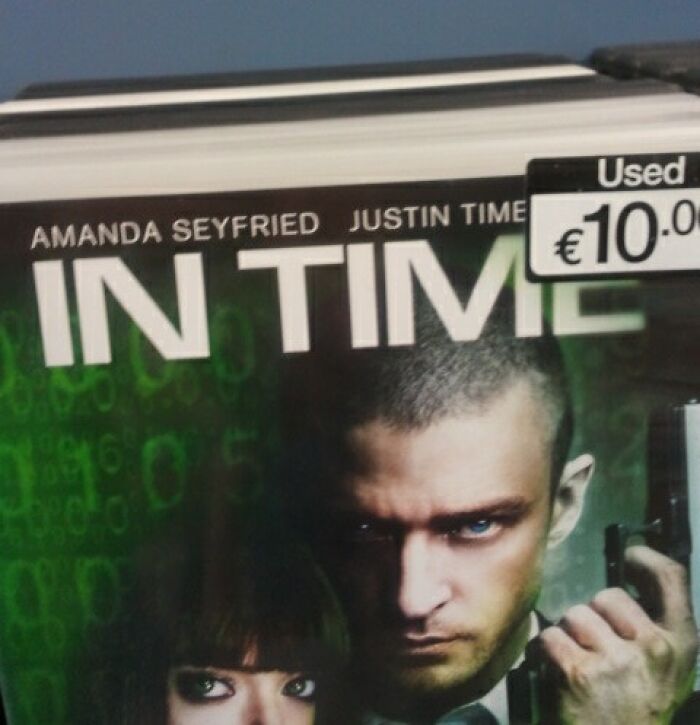 DVD cover of In Time with a price tag, showcasing accidental comedy in a seemingly harmless funny pic.