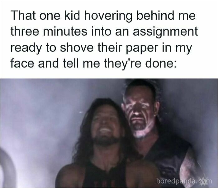 Teacher meme depicting a humorous moment with a student hovering and declaring their assignment is done early.