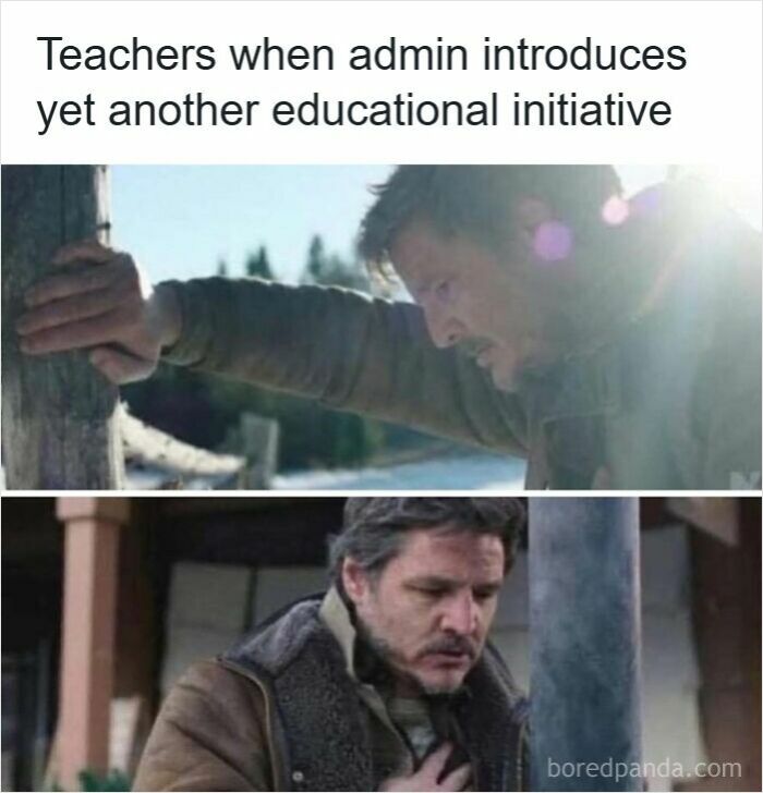 Stressed teachers reacting to new educational initiatives, featured in funny memes for teachers who deserve a raise and a nap.