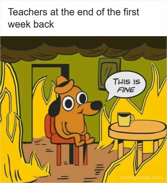 Cartoon dog saying this is fine while sitting in a room on fire, illustrating funny memes for teachers who deserve a raise and a nap.