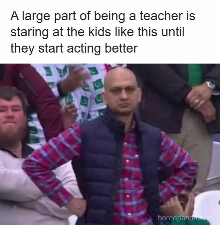 Man in a plaid shirt and vest staring seriously, capturing the mood of teachers in funny memes for teachers who deserve a raise.