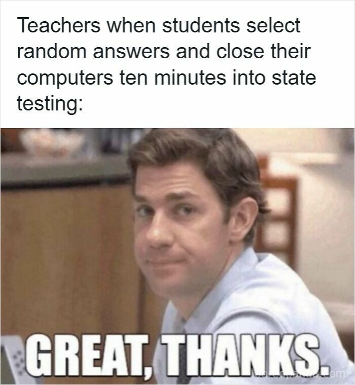 Teacher meme showing a frustrated teacher reacting to students selecting random answers during state testing, funny memes for teachers.