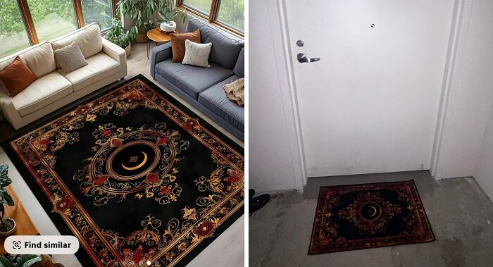 Large ornate black rug in living room versus small matching rug used as door mat, showcasing careless online shopping backfired.