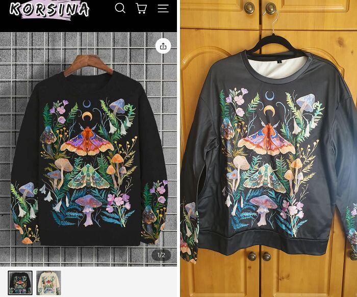 Black sweatshirt with colorful moth and mushroom design, showing a careless online shopping fail in product quality and appearance.