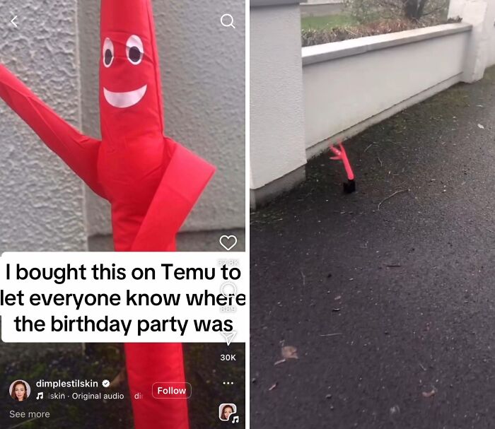 Red inflatable tube man meant for party decoration deflated on sidewalk, showing a funny careless online shopping fail.