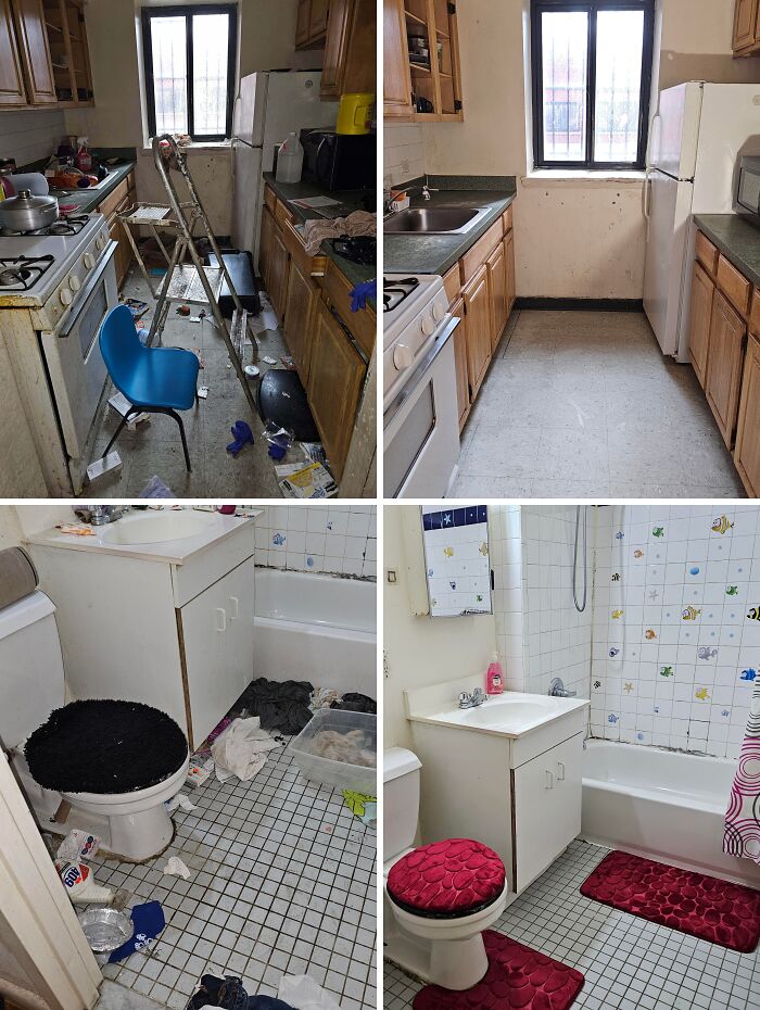 Before and after cleaning photos showing dramatic kitchen and bathroom transformation with spotless floors and surfaces.